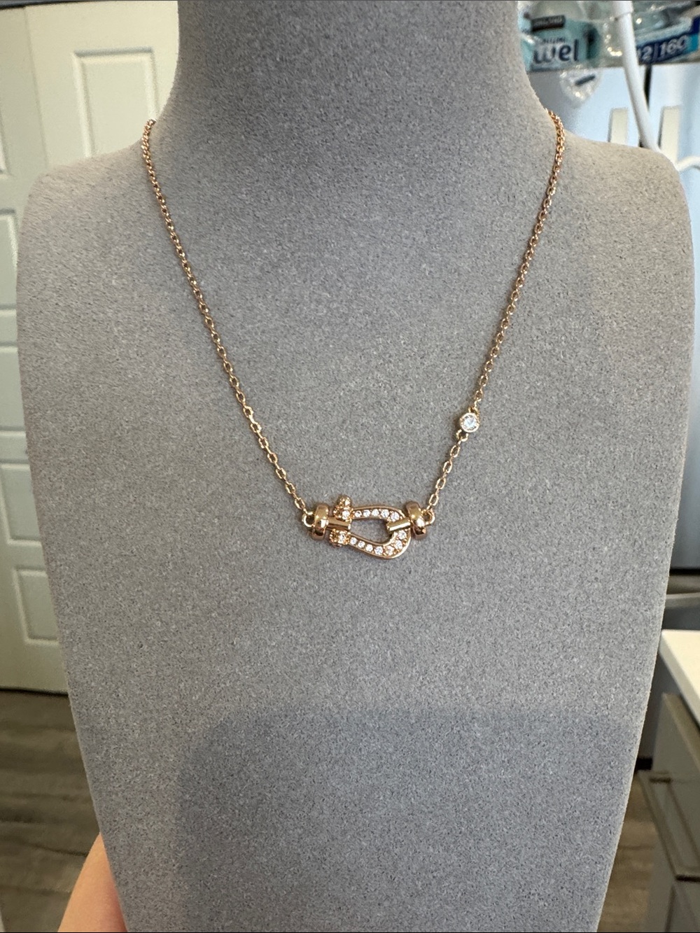 Champagne Gold Tone Horseshoe Buckle CZ Pendant Necklace